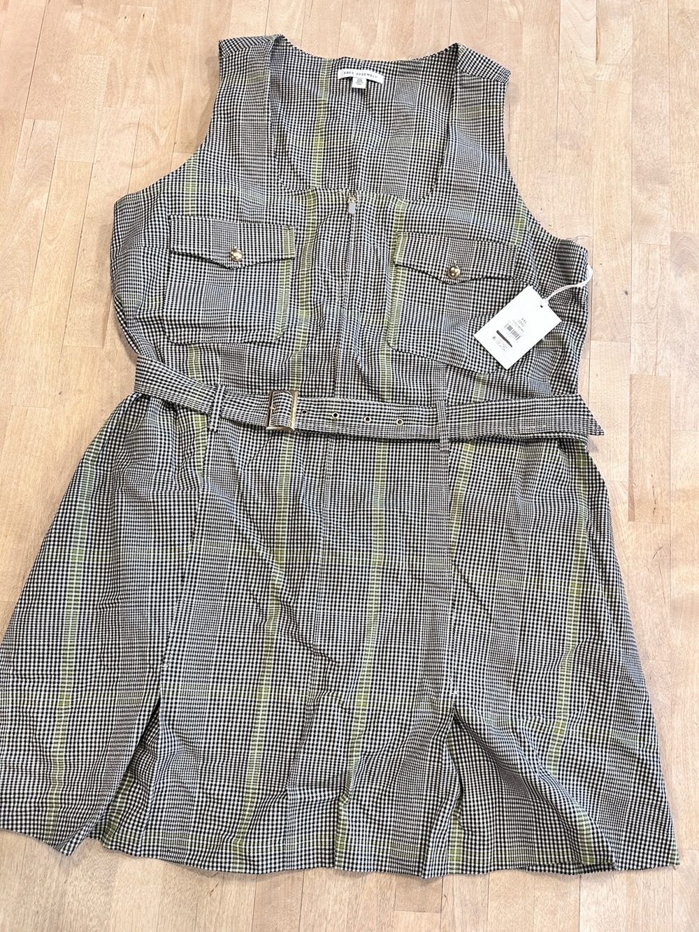 Sleeveless Mini Dress with Belt in Black, White and Lime Accent